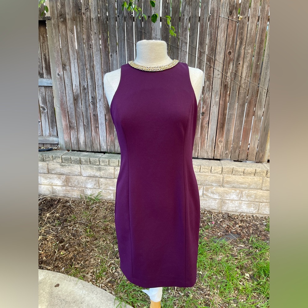 Calvin Klein plum Midi Shift Dress gold chain neckline office career classic 6